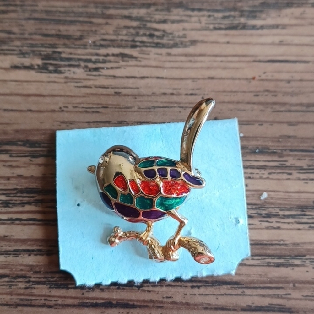 Adorable Enamel Rhinestone Bird on a Branch Brooch
